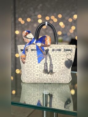 Dooney & Bourke Signature Tulip Tassel Tote With Blue Accent Scarf & Heart Charm